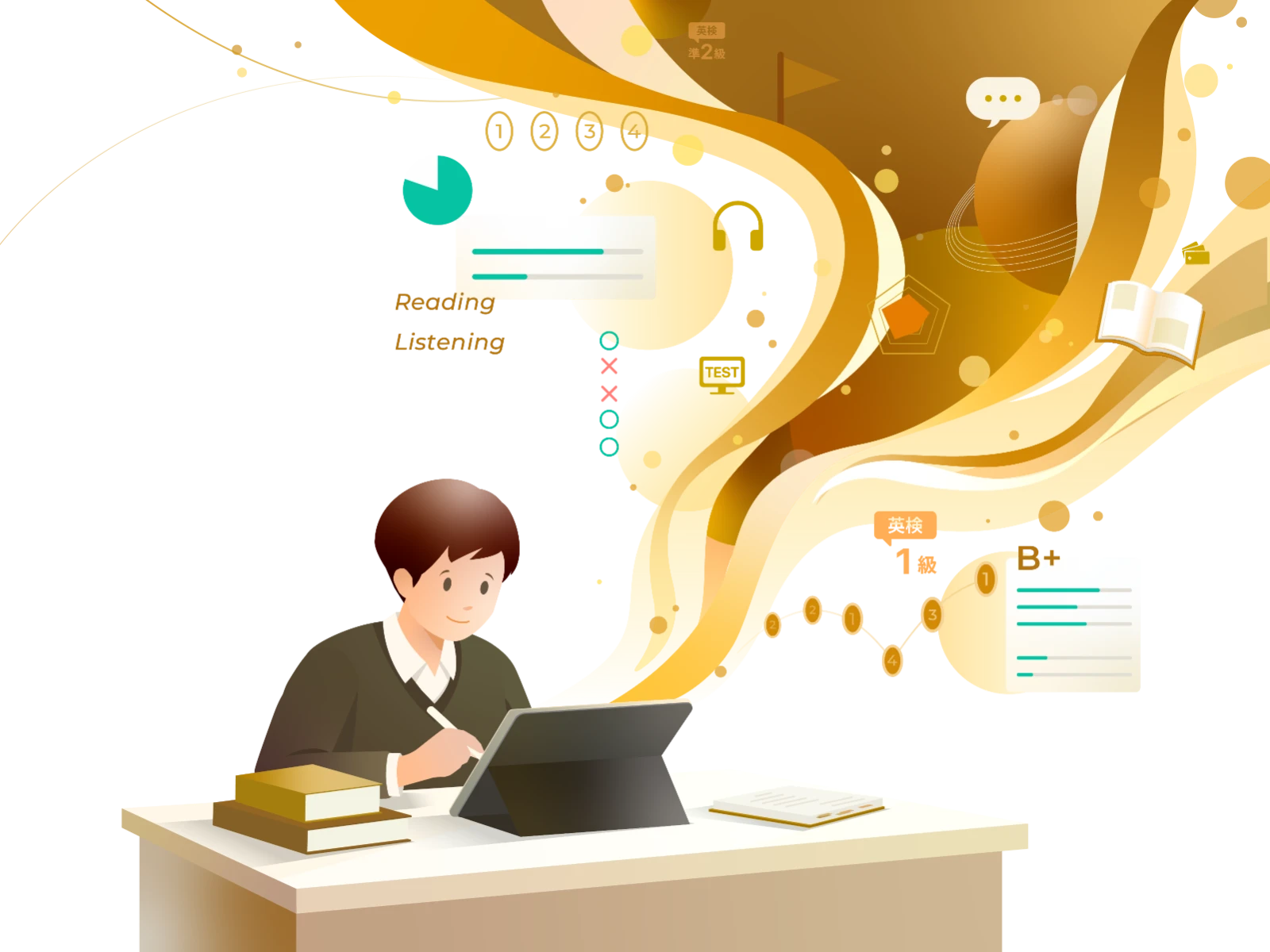 英検®の学習に取り組む生徒のイラスト